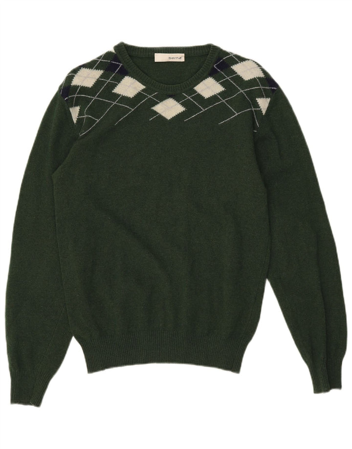 Berna Mens Boat Neck Jumper Sweater Medium Green Argyle/Diamond Wool
