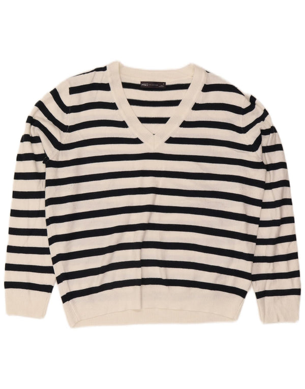 Marks & Spencer Womens V-Neck Jumper Sweater UK 14 Medium White Striped