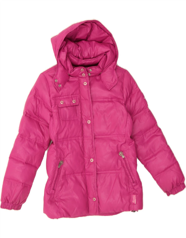 CHAMPION Girls Hooded Padded Coat 9-10 Years Medium Pink Polyester Vintage Champion and Second-Hand Champion from Messina Hembry 