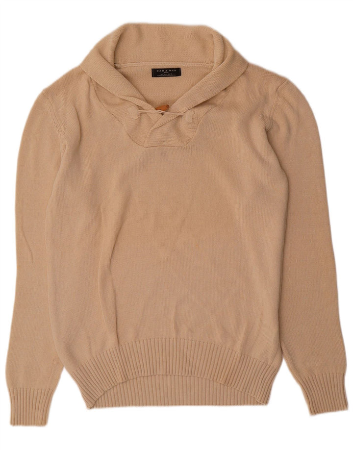 Zara Mens Shawl Neck Jumper Sweater Large Beige Cotton