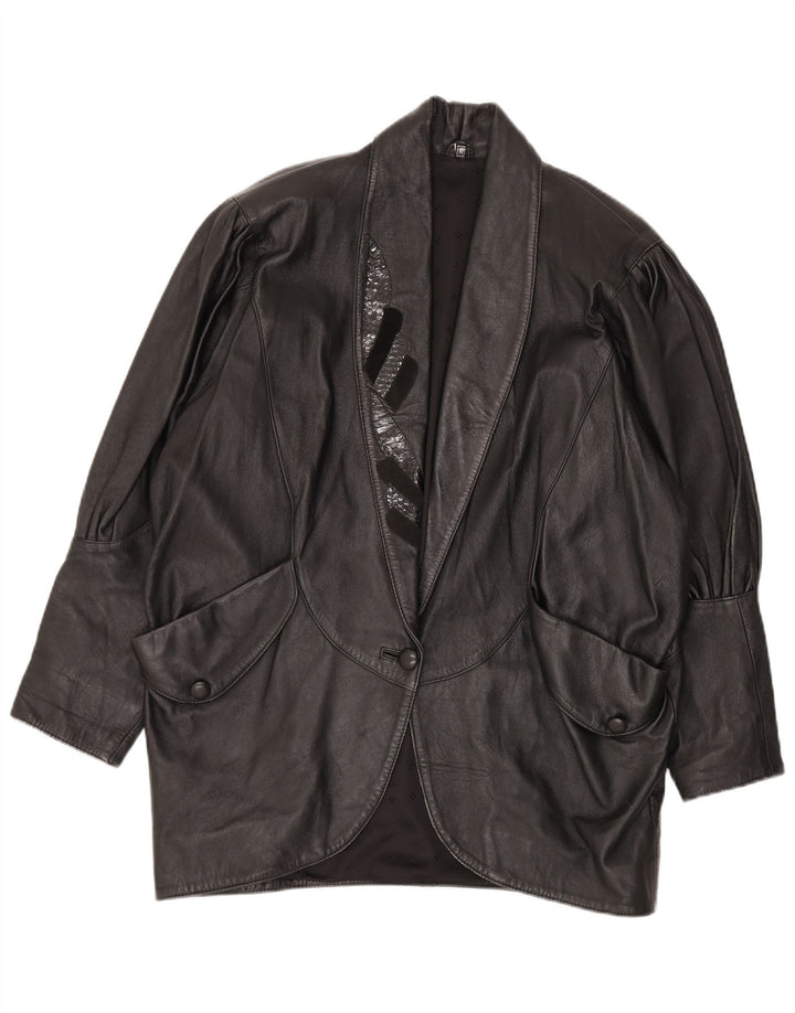 VINTAGE Womens Oversized Leather Coat UK 14 Medium Black Leather