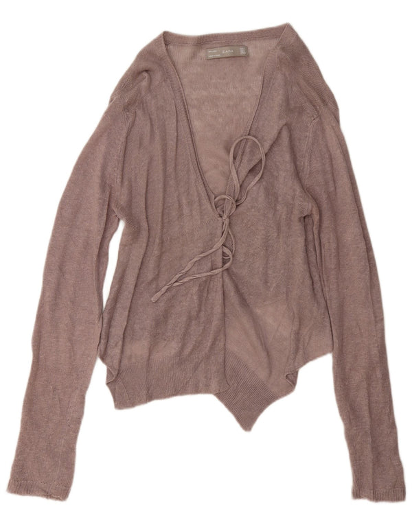 Zara Womens Crop Cardigan Sweater UK 12 Medium Brown Linen
