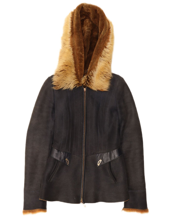 Vintage Womens Hooded Shearling Jacket EU 38 Medium Navy Blue Leather
