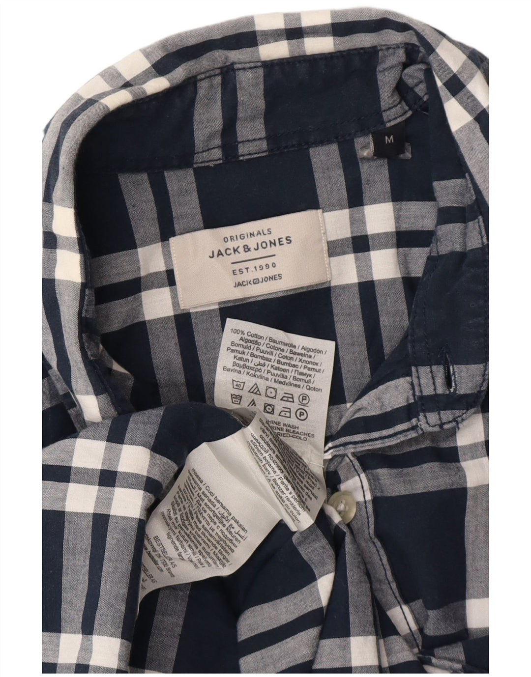 Jack & Jones Mens Short Sleeve Shirt Medium Navy Blue Check Cotton