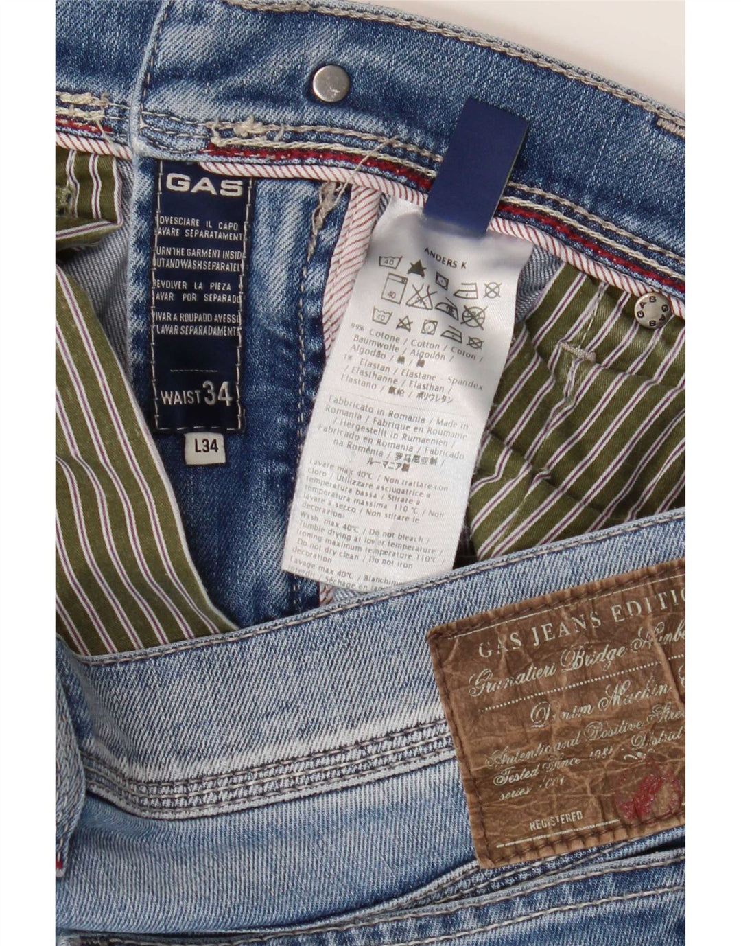 Gas Mens Distressed Slim Jeans W34 L34 Blue Cotton