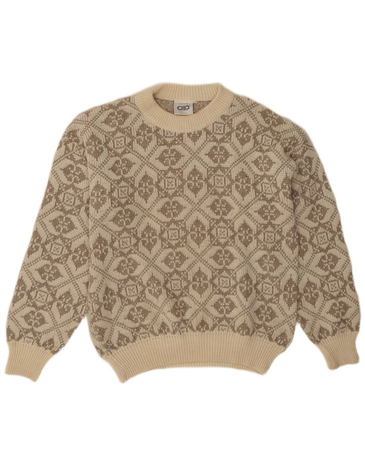 Ciao Mens Crew Neck Jumper Sweater XL Beige Geometric Wool