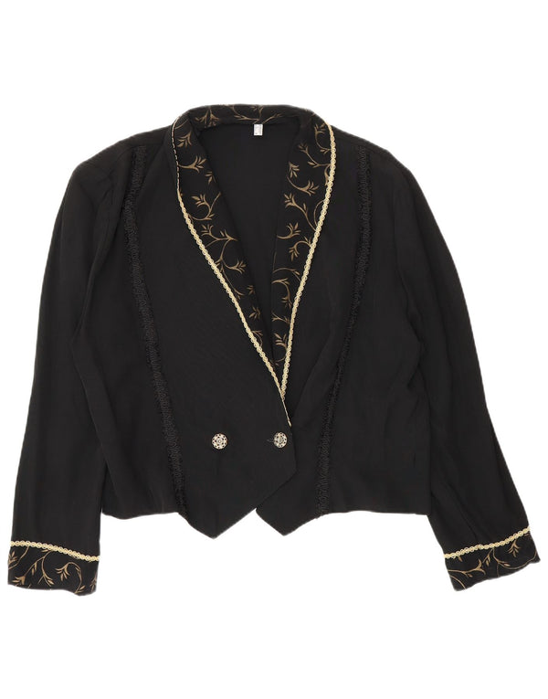 Vintage Damen Crop Zweireiher Blazer Jacke UK 12 Mittelschwarz geblümt