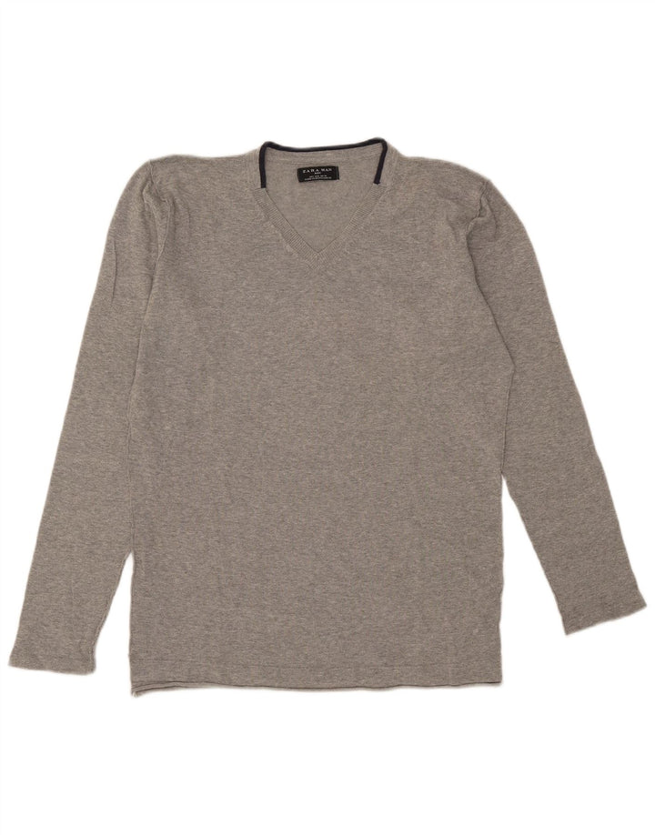 Zara Mens V-Neck Jumper Sweater Large Grey Cotton