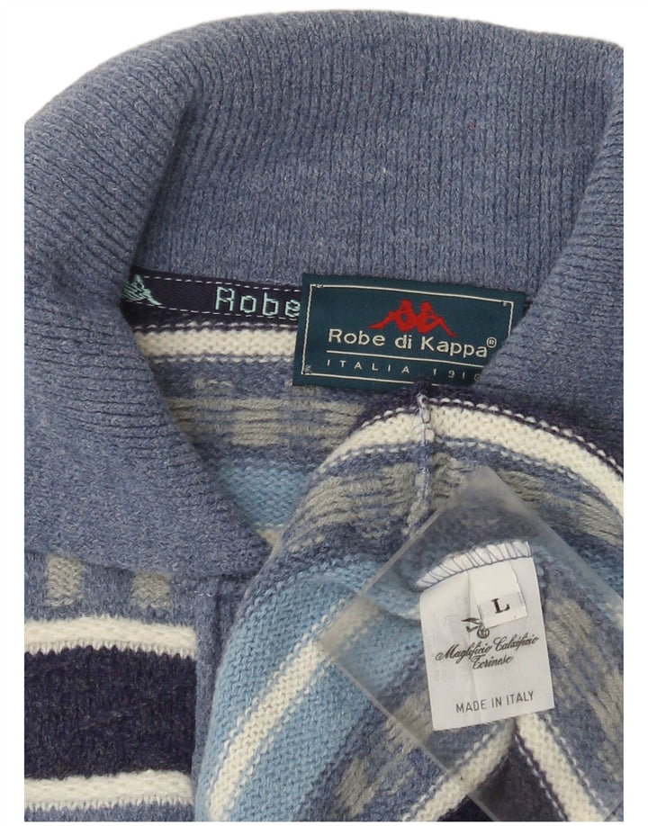Kappa Mens Polo Neck Jumper Sweater Large Blue Striped Wool