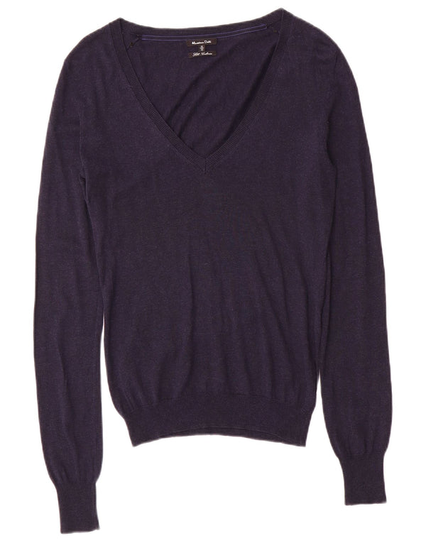 Massimo Dutti Womens V-Neck Jumper Sweater UK 12 Medium Navy Blue Silk