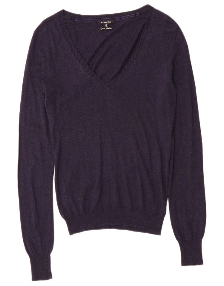 Massimo Dutti Womens V-Neck Jumper Sweater UK 12 Medium Navy Blue Silk
