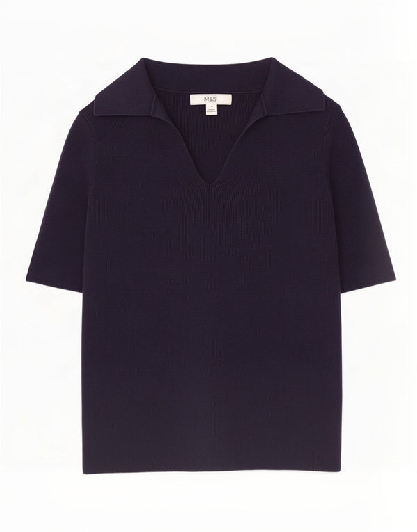 Marks & Spencer Womens Polo Shirt UK 12 Medium Navy Blue Cotton