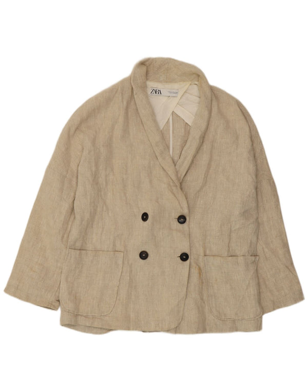 Zara Womens Double Breasted Blazer Jacket UK 14 Medium Beige Linen