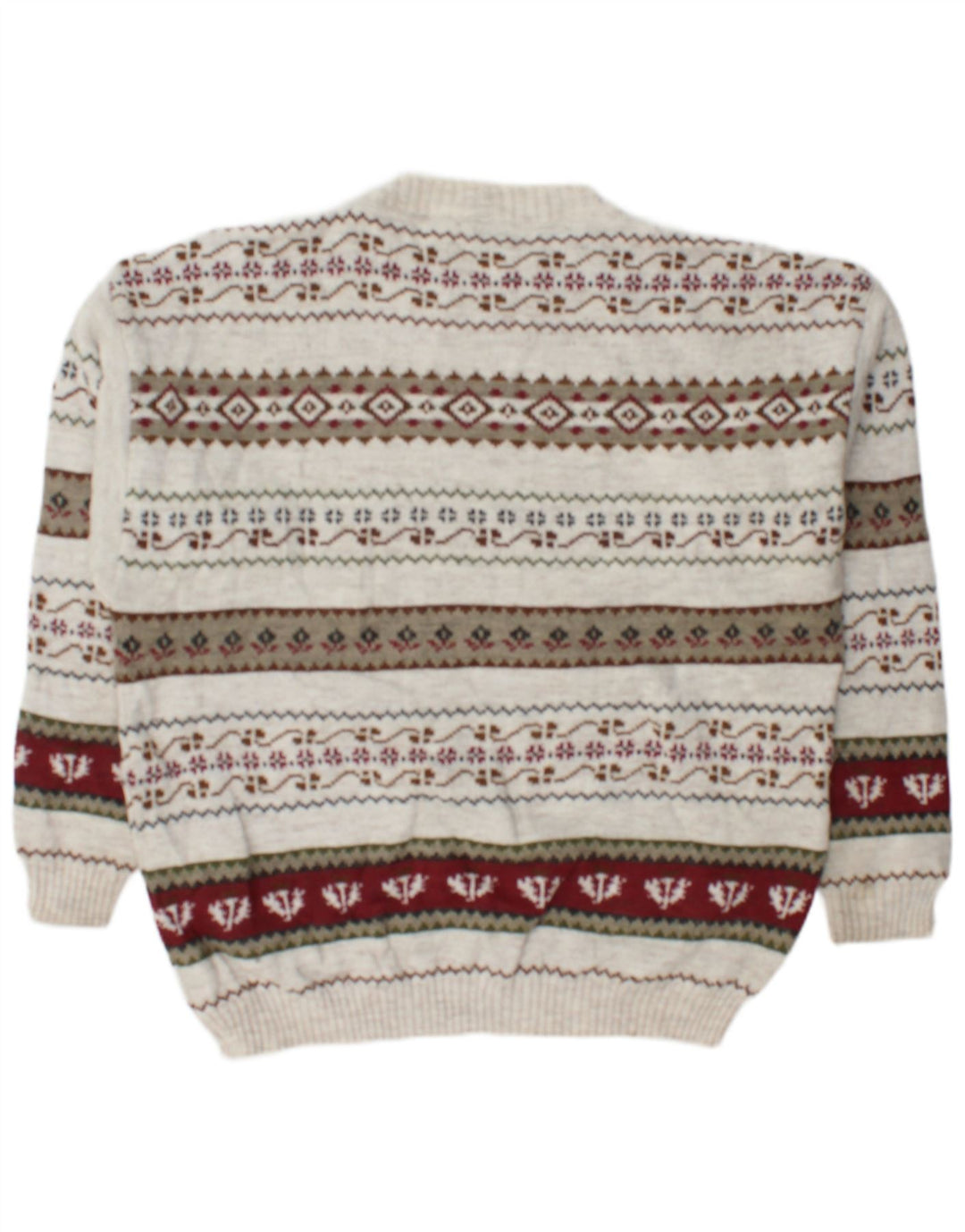 Vintage Mens Crew Neck Jumper Sweater Large Off White Geometric Wool