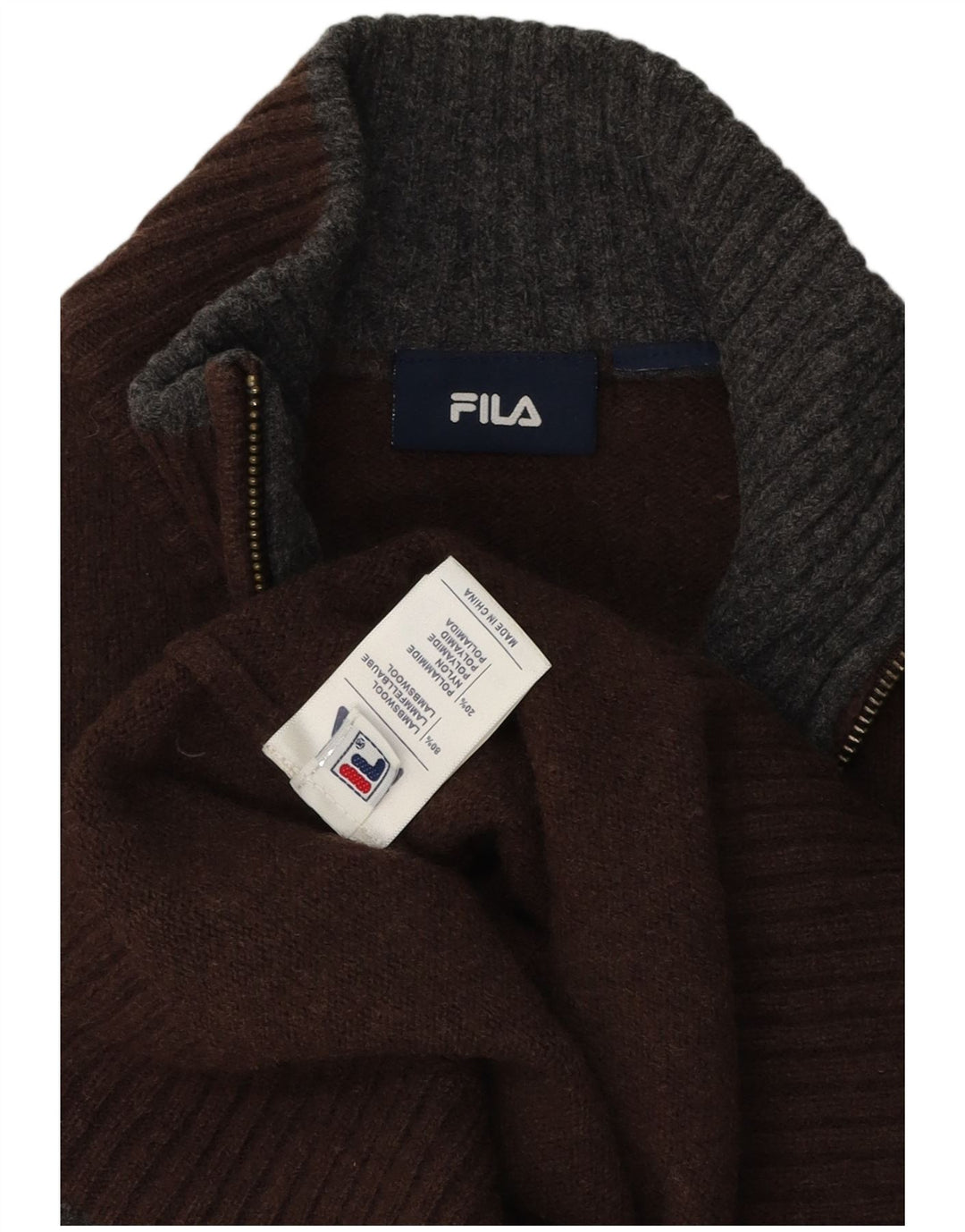 Fila Uomo Maglione con zip sul collo Maglione grande lana d'agnello marrone