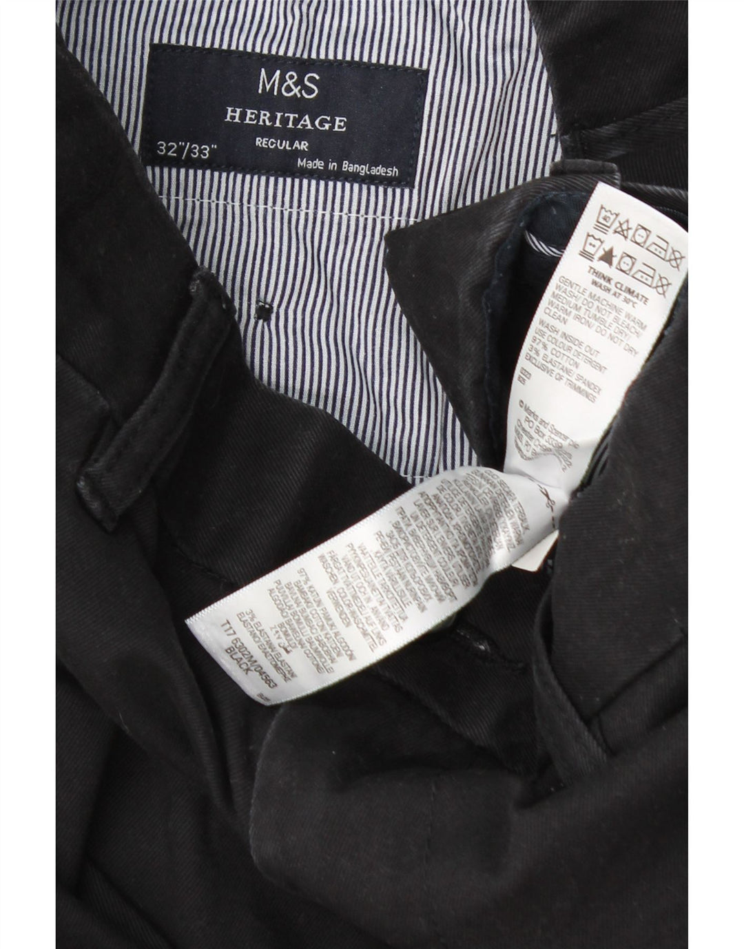 Marks & Spencer Mens Heritage Regular Chino Trousers W32 L33 Black Cotton