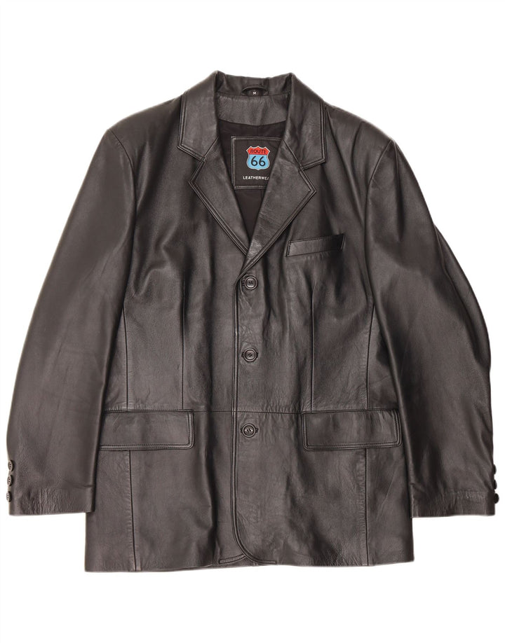 ROUTE 66 Mens 3 Button Leather Blazer Jacket UK 38 Medium Black Leather