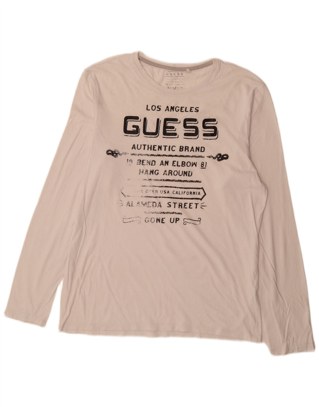 Guess Mens Slim Fit Gráfico Top Manga Longa Grande Branco