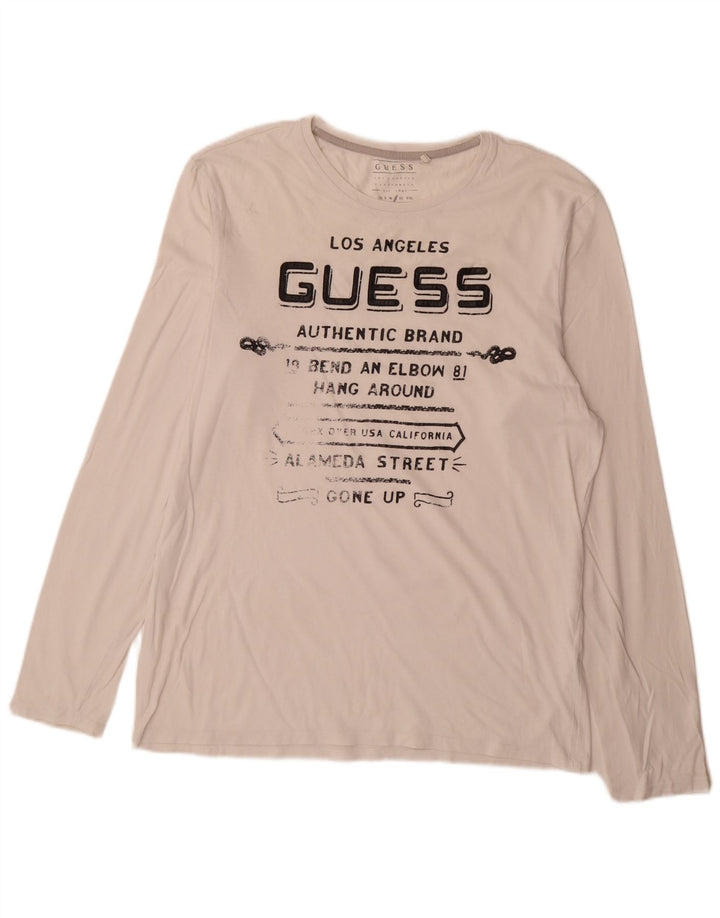Guess Mens Slim Fit Gráfico Top Manga Longa Grande Branco