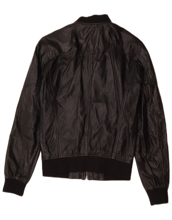 Zara Womens Leather Bomber Jacket UK 10 Small Black Leather