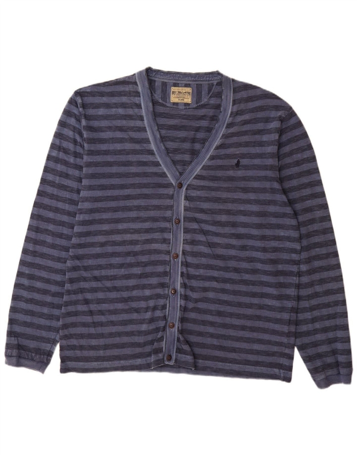 Marlboro Classics Mens Cardigan Sweater 2XL Blue Striped Cotton