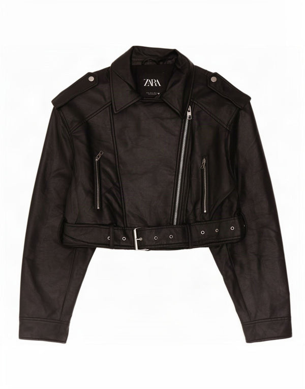 Zara Womens Crop Biker-jakke i imiteret læder UK 18 XL Sort Polyester