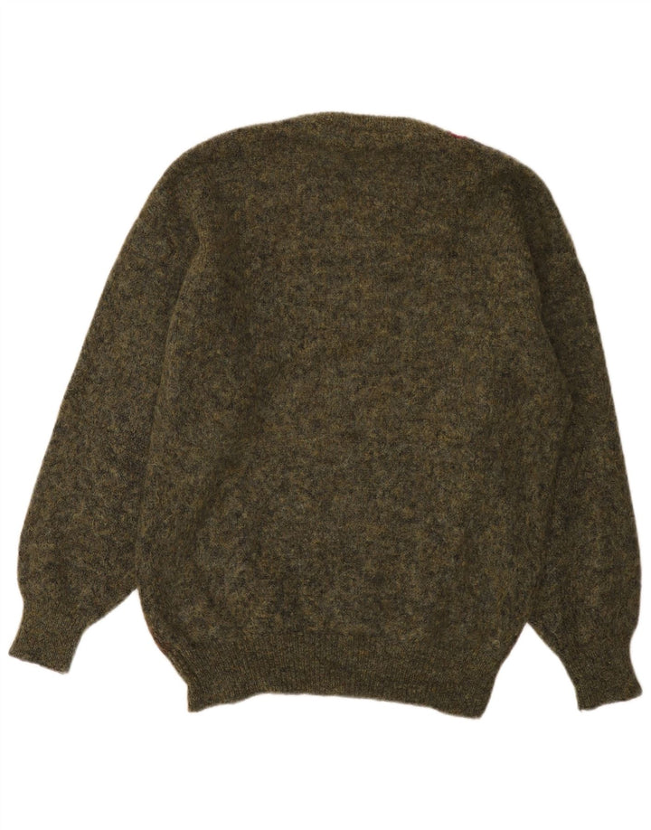 Vintage męski sweter z okrągłym dekoltem, średni khaki argyle/diament