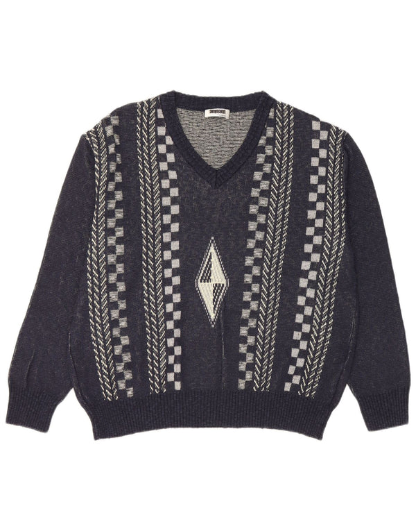 Vintage Mens V-Neck Jumper Sweater IT 52 Large Navy Blue Geometric Cotton