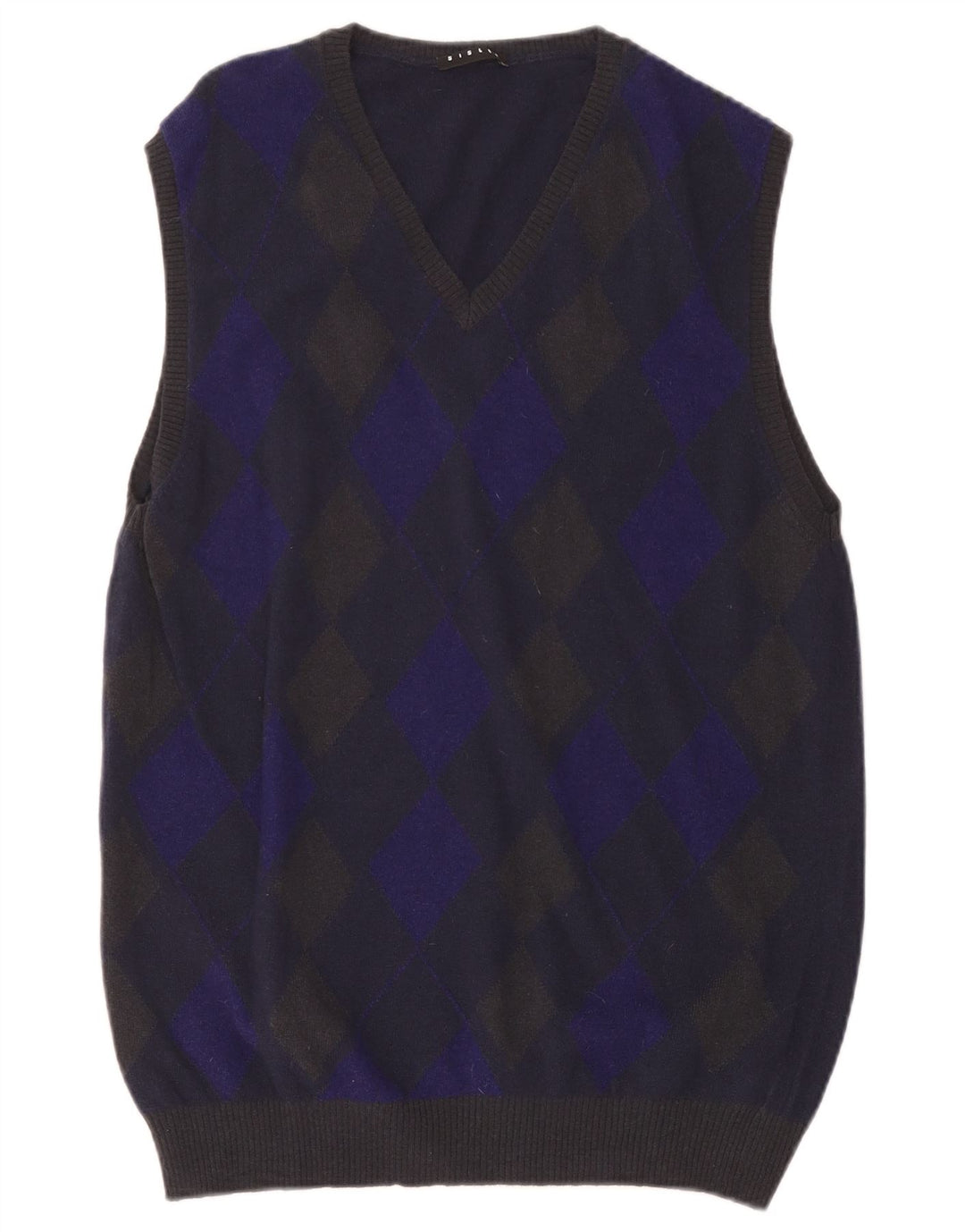 SISLEY Mens Vest Tank Top XL Navy Blue Argyle/Diamond Wool