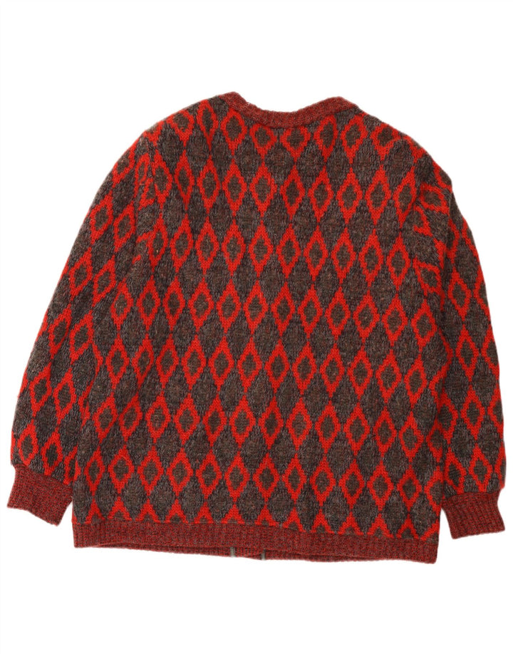 VINTAGE Womens Oversized Cardigan Sweater UK 16 Large Red Geometric Wool