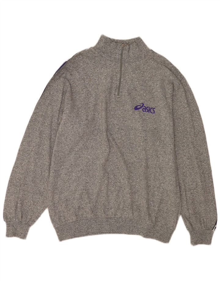 Asics Mens Graphic Zip Neck Sweatshirt Jumper Large Grey Flecked Cotton