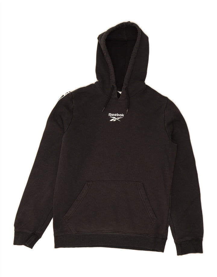 REEBOK Mens Graphic Hoodie Jumper Small Black Cotton Vintage Reebok and Second-Hand Reebok from Messina Hembry 