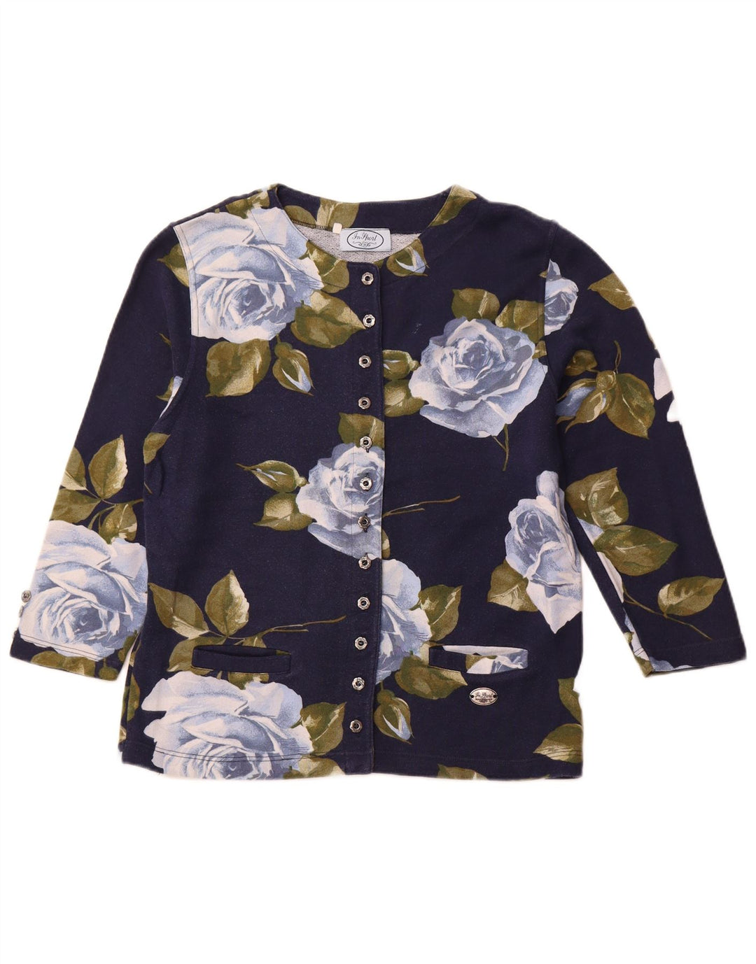 VINTAGE Womens 3/4 Sleeve Blazer Jacket IT 44 Medium Navy Blue Floral