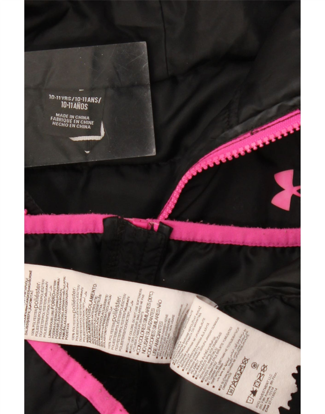 Under Armour Girls Graphic Hooded Padded Jacket 10-11 Years Black Polyester