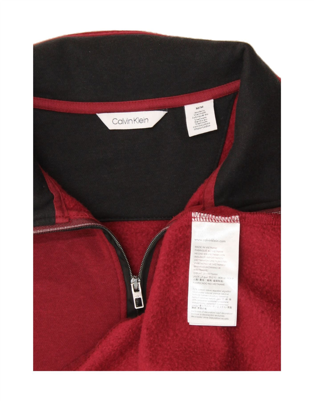 CALVIN KLEIN Mens Zip Neck Sweatshirt Jumper Medium Burgundy Colourblock Vintage Calvin Klein and Second-Hand Calvin Klein from Messina Hembry 