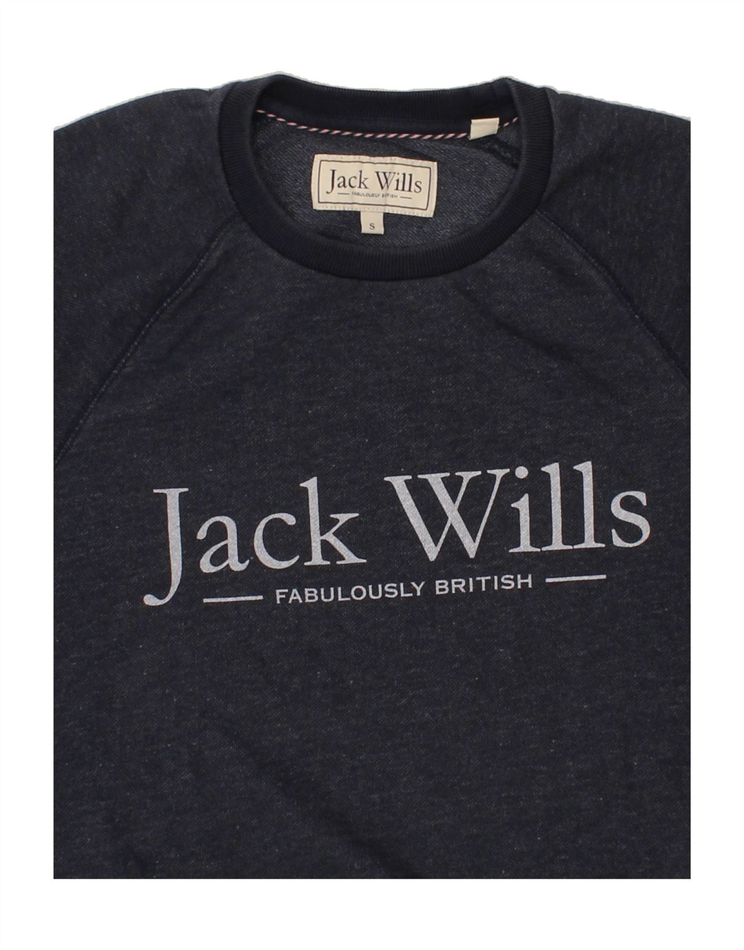 JACK WILLS Mens Graphic Sweatshirt Jumper Small Navy Blue Cotton Vintage Jack Wills and Second-Hand Jack Wills from Messina Hembry 