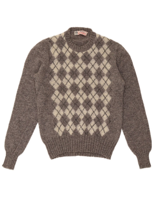 Claudio Womens Crew Neck Jumper Sweater UK 14 Large Grey Argyle/Diamond