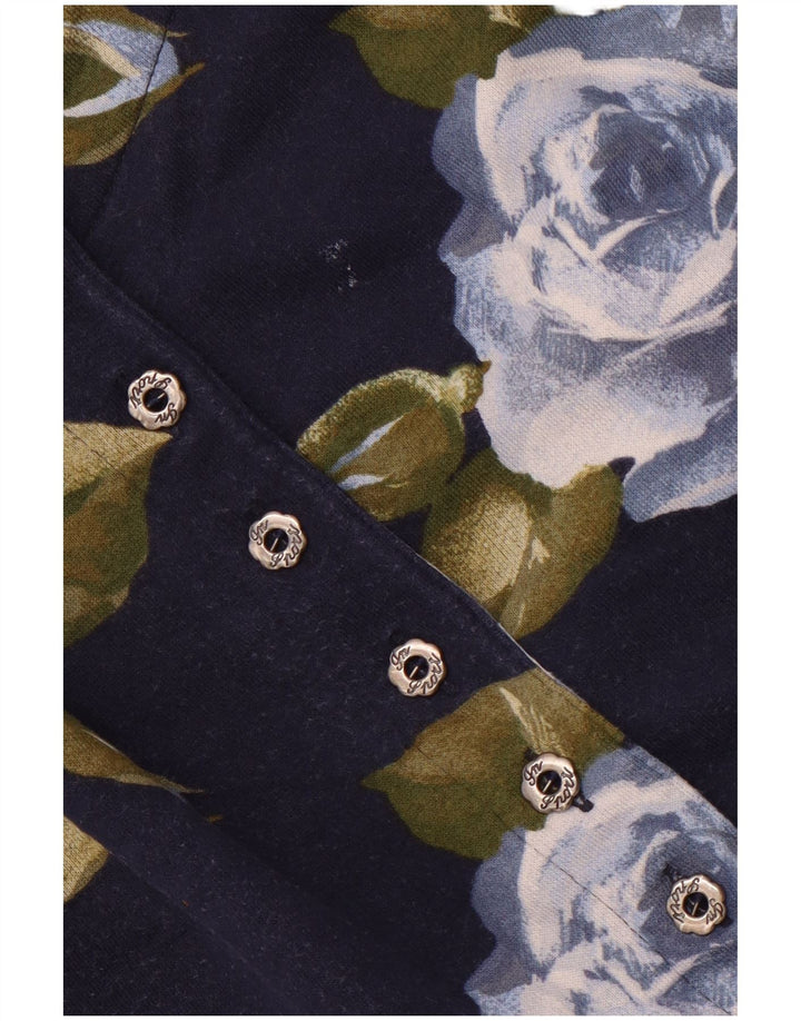VINTAGE Womens 3/4 Sleeve Blazer Jacket IT 44 Medium Navy Blue Floral