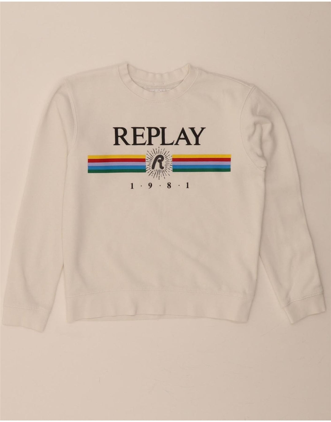 REPLAY Womens Graphic Sweatshirt Jumper UK 10 Small White Cotton Vintage Replay and Second-Hand Replay from Messina Hembry 
