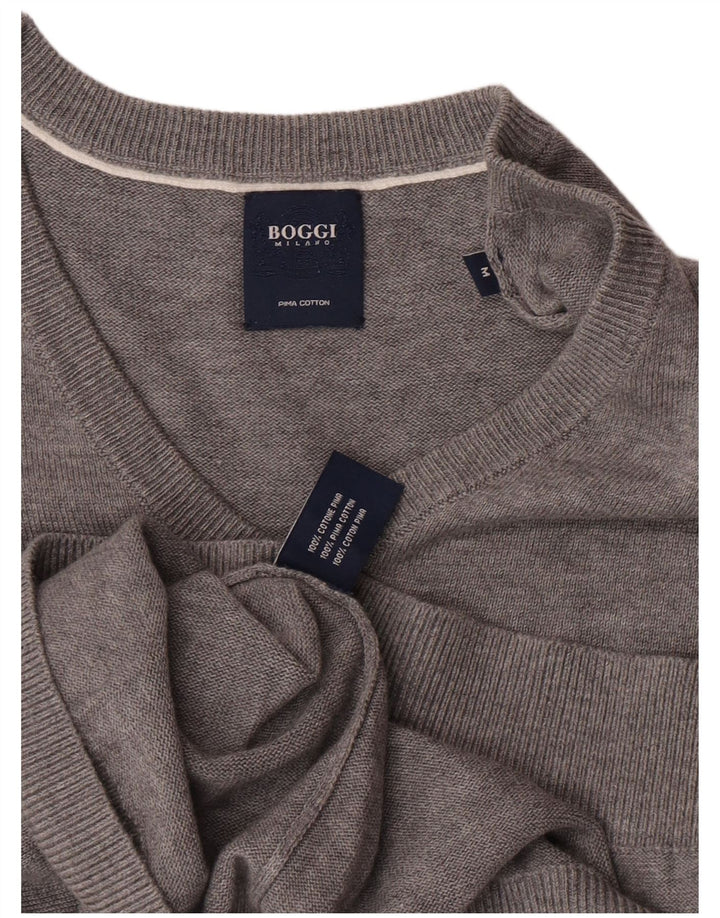 Boggi Mens Milano V-Neck Jumper Sweater Medium Grey Flecked Cotton