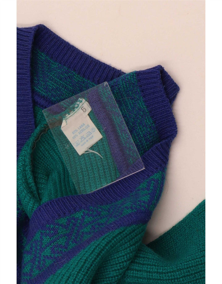 Vintage Mens V-Neck Jumper Sweater Large Green Geometric Wool
