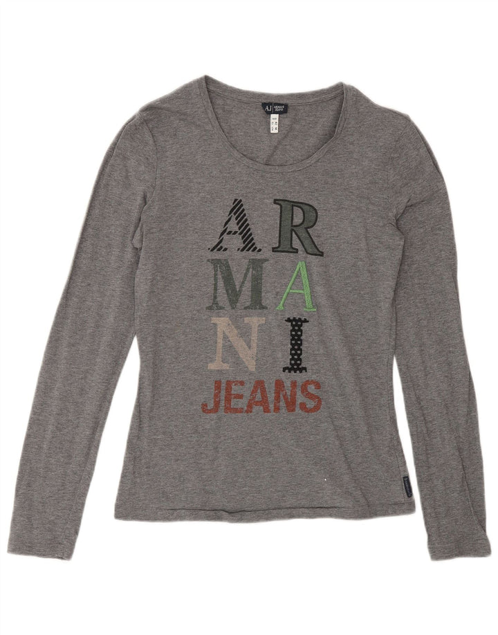 Armani Jeans Dame Grafisk Top Langærmet UK 12 Medium Grå Bomuld