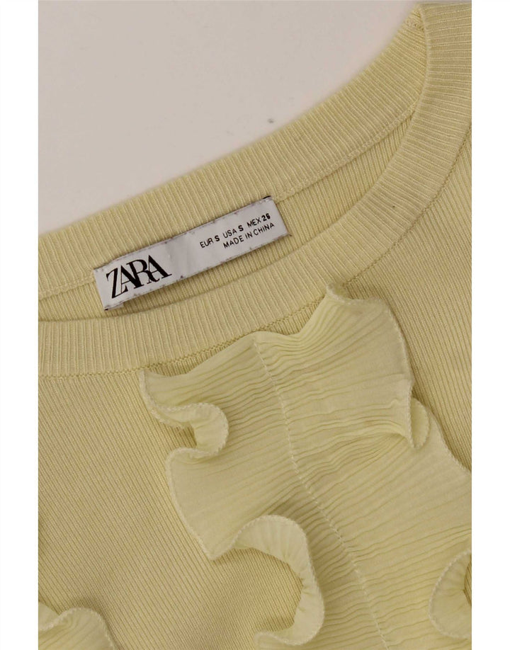 Zara Womens Crop Long Sleeve Ruffle Front Blouse Top UK 8 Small Yellow