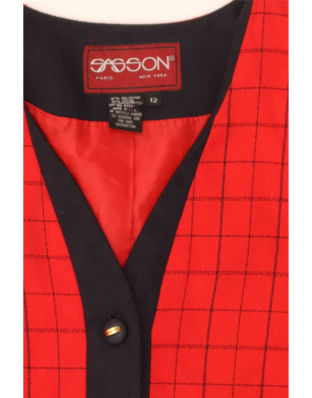 Vintage mujer 4 botones Blazer chaqueta US 12 grande rojo comprobar poliéster