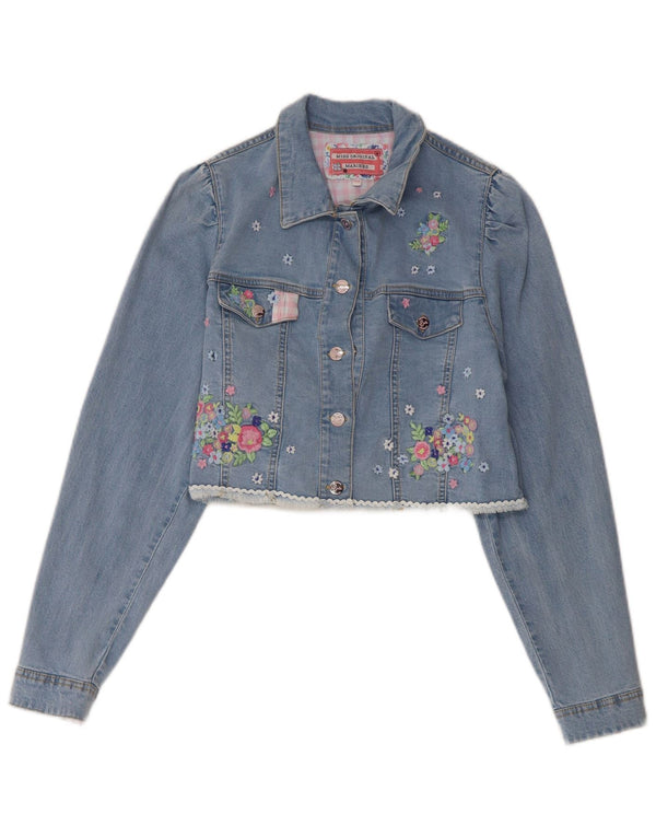 Vintage Girls Crop Graphic Denim Jacket 13-14 Years Blue Floral Cotton