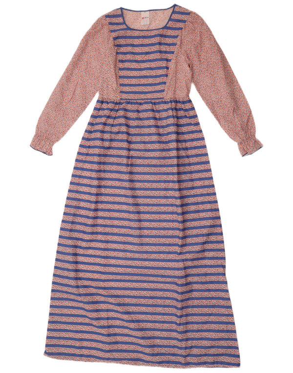 Vintage Damen Langarm-Maxikleid UK 14 Mittelblau gestreift aus Polyester