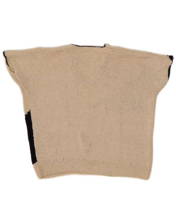 vintage Femmes Crop V-Col Jumper Pull UK 12 Beige Moyen Colorblock