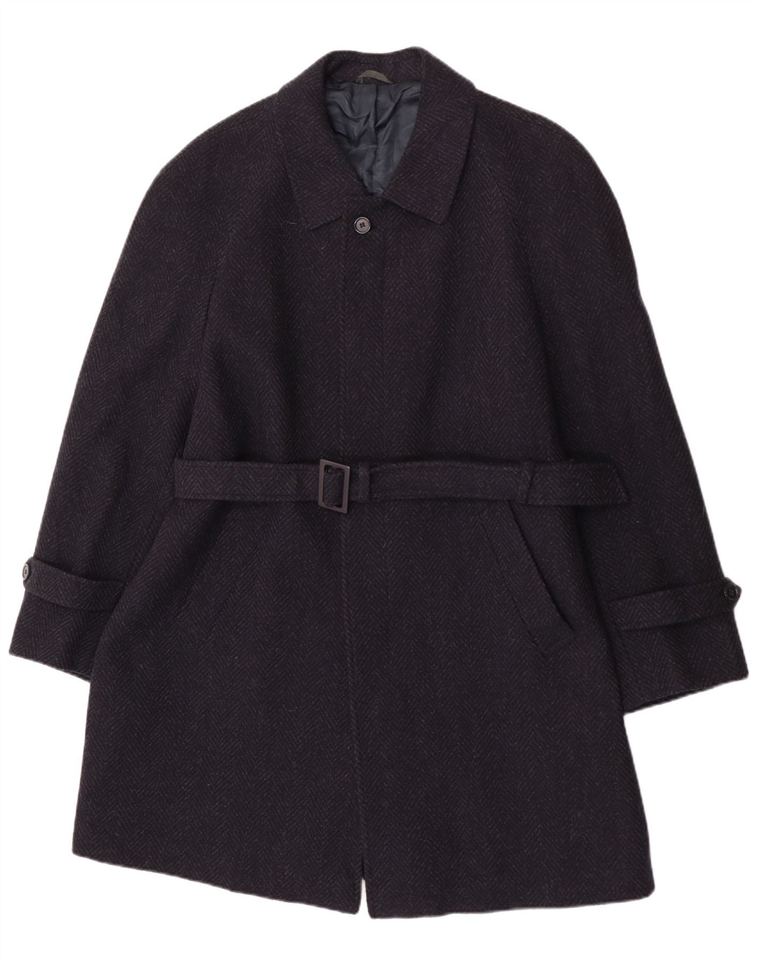 Vintage Mens Overcoat IT 52 XL Navy Blue Herringbone Virgin Wool