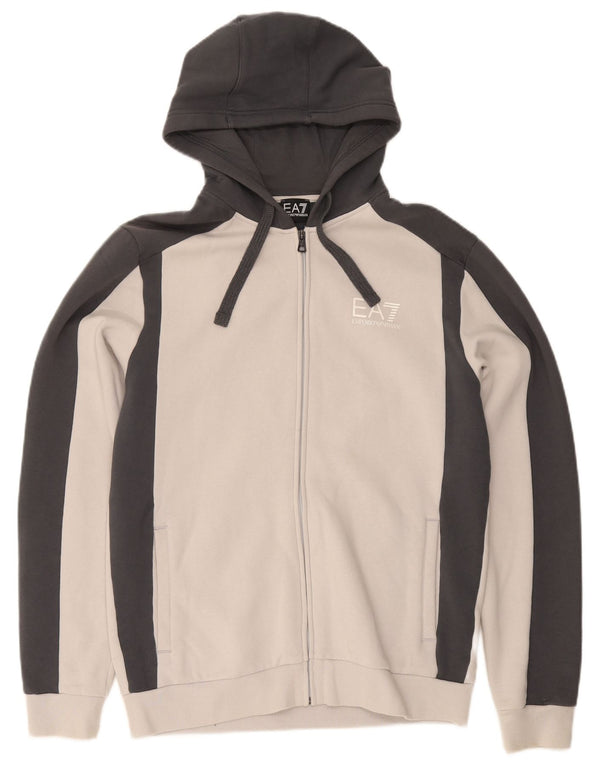 Emporio Armani Sudadera con capucha y cremallera para hombre, talla 2XL, algodón gris con bloques de color