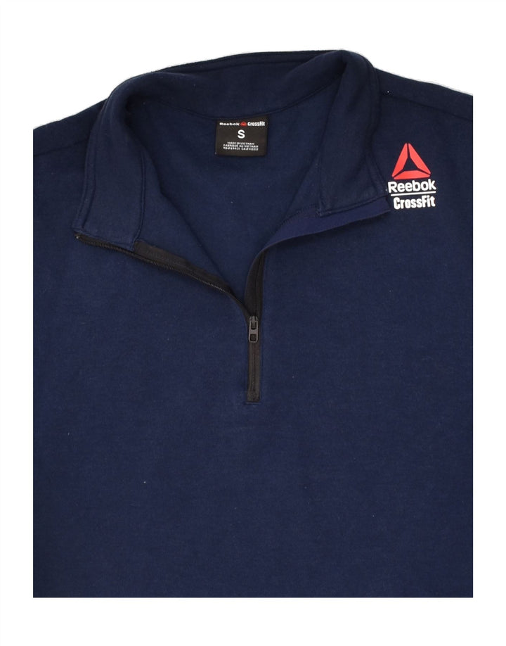 REEBOK Mens Graphic Zip Neck Pullover Tracksuit Top Small Navy Blue Cotton | Vintage Reebok | Thrift | Second-Hand Reebok | Used Clothing | Messina Hembry 